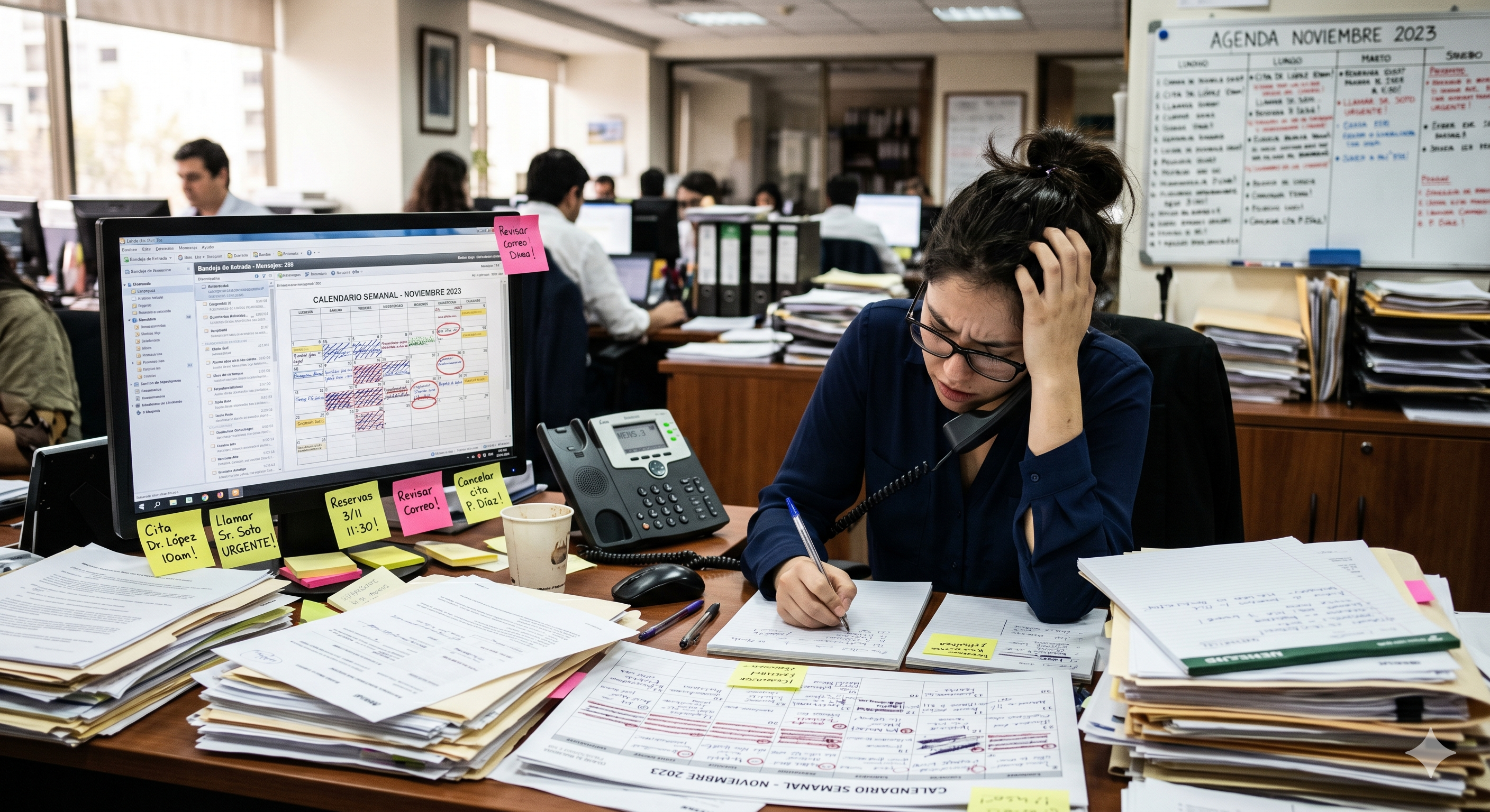 Recepcionista de clínica haciendo llamadas manuales